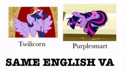 Size: 720x406 | Tagged: safe, derpibooru import, twilight sparkle, twilight sparkle (alicorn), alicorn, pony, unicorn, anti-humor, big crown thingy, drama, element of magic, exploitable meme, female, horn, mare, meme, mind blown, nickname, open mouth, purple smart, same voice actor, tara strong, teeth, twimobile, wings