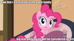 Size: 960x540 | Tagged: suggestive, derpibooru import, big macintosh, pinkie pie, earth pony, pony, image macro, implied incest, male, pinkiemac, shipping, solo, stallion, straight