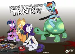 Size: 1393x991 | Tagged: semi-grimdark, artist:wolfjedisamuel, derpibooru import, applejack, rainbow dash, rarity, tank, twilight sparkle, earth pony, pegasus, pony, unicorn, bandage, clothes, crossover, female, giant tortoise, gun, handgun, hat, left 4 dead, left 4 dead 2, mare, medkit, pet, ponies riding turtles, riding, rifle, shirt, shotgun, unicorn twilight, weapon