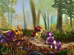 Size: 1584x1188 | Tagged: apple bloom, artist:viwrastupr, camcorder, camera, crash, cutie mark crusaders, dead source, derpibooru import, face down ass up, forest, grass, hoof in air, hooves, magic, mud, safe, scenery, scootacrash, scootaloo, scooter, sweetie belle, telekinesis, this ended in pain, tree, video camera