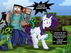 Size: 2113x1582 | Tagged: safe, artist:wolfjedisamuel, derpibooru import, rarity, enderman, human, pony, unicorn, zombie, bone, crawling, creeper, crossover, cutie mark, dialogue, diamond, diamond pickaxe, english, female, grass, gritted teeth, holding, hoof hold, left 4 dead, lego, literal butthurt, male, mare, minecraft, mining, ouch, outdoors, pain, paper, pickaxe, raised arm, raised hoof, sign, skeleton, smiling, speech bubble, standing, startled, steve, text, video game, yelling