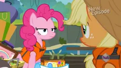 Size: 1021x572 | Tagged: safe, derpibooru import, screencap, applejack, pinkie pie, pinkie apple pie, lifejacket, unamused