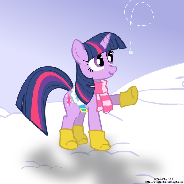 Size: 1000x1000 | Tagged: safe, artist:invidlord, derpibooru import, twilight sparkle, pony, unicorn, winter wrap up, boots, clothes, female, mare, raised hoof, saddle, scarf, snow, snowfall, solo, unicorn twilight, winter outfit