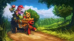 Size: 1920x1080 | Tagged: safe, artist:assasinmonkey, derpibooru import, apple bloom, applejack, big macintosh, pinkie pie, earth pony, pony, pinkie apple pie, apples to the core, cart, male, scene interpretation, scenery, scenery porn, singing, stallion, wagon, wallpaper