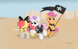 Size: 1700x1074 | Tagged: apple bloom, armor, artist:lunarapologist, crusader, cutie mark crusaders, derpibooru import, fantasy class, flag, knight, knights hospitaller, paladin, pun, safe, scootaloo, sweetie belle, sword, warrior