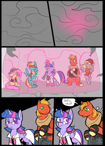 Size: 697x967 | Tagged: safe, artist:metal-kitty, derpibooru import, big macintosh, derpy hooves, fluttershy, rainbow dash, twilight sparkle, twilight sparkle (alicorn), alicorn, pony, barrier, comic, crossover, derpy soldier, female, force field, heavy, heavy mac, mann vs machine, mare, medic, rainbow scout, scout, shield, sniper, snipershy, soldier, team fortress 2, twi medic