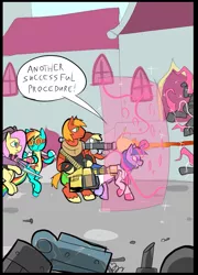 Size: 697x967 | Tagged: safe, artist:metal-kitty, derpibooru import, big macintosh, derpy hooves, fluttershy, rainbow dash, twilight sparkle, twilight sparkle (alicorn), alicorn, pegasus, pony, robot, unicorn, bipedal, comic, crossover, derpy soldier, female, gun, heavy, heavy mac, hooves, horn, machine gun, magic, mann vs machine, mare, medic, optical sight, rainbow scout, rifle, scout, shield, sniper, sniper rifle, snipershy, soldier, team fortress 2, twi medic, weapon, wings