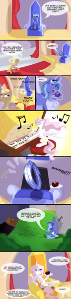 Size: 1080x4524 | Tagged: abuse, artist:lunarcakez, bitchlestia, cake, cakelestia, comic, comic:the cake, derpibooru import, filly, lunabuse, musical instrument, organ, organ to the outside, pink-mane celestia, princess celestia, princess luna, safe, trollestia, woona