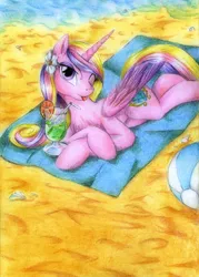 Size: 2500x3500 | Tagged: artist:jedieldaniel, beach, derpibooru import, drink, princess cadance, safe, solo