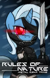 Size: 1242x1920 | Tagged: safe, artist:drawponies, derpibooru import, trixie, cyborg, pony, unicorn, female, glowing eyes, konami, mare, metal gear, parody, raiden, solo, sword