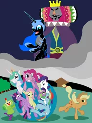 Size: 990x1320 | Tagged: applejack, artist:philith, derpibooru import, fluttershy, katamari damacy, king of all cosmos, mane seven, mane six, nightmare moon, parody, pinkie pie, princess celestia, princess luna, rainbow dash, rarity, safe, spike, twilight sparkle