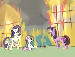 Size: 900x688 | Tagged: artist:klondike, campfire, derpibooru import, epic fail, fail, failtacular, fire, how, pyro belle, rarity, safe, sweetie belle, sweetie fail, twilight sparkle