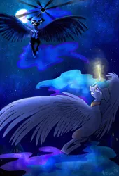 Size: 1024x1505 | Tagged: artist:namiwami, crying, derpibooru import, fight, flying, magic, moon, night, nightmare moon, princess celestia, sad, safe, scene interpretation, stars