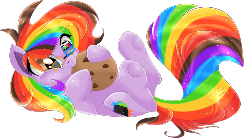 Size: 1578x893 | Tagged: safe, artist:blackfreya, derpibooru import, oc, oc:rainbow screen, unofficial characters only, earth pony, pony, cookie, cute, eating, food, glasses, multicolored hair, rainbow hair, simple background, solo, transparent background