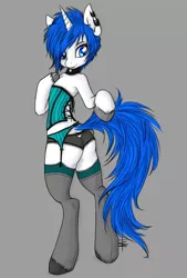 Size: 610x900 | Tagged: suggestive, artist:tt-n, derpibooru import, oc, oc:aby, unofficial characters only, pony, semi-anthro, unicorn, bipedal, clothes, female, frilly underwear, lingerie, panties, ribbon, solo, solo female, stockings, underwear, wedgie