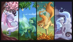 Size: 2100x1200 | Tagged: artist:seyllah, autumn, derpibooru import, elemental, flutter pony, flutter pony alicorn, four seasons, oc, safe, seasons, snow, solo, spring, summer, tree, unofficial characters only, winter