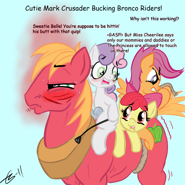 Size: 1200x1200 | Tagged: safe, artist:gavalanche, derpibooru import, apple bloom, big macintosh, scootaloo, sweetie belle, earth pony, pony, abuse, blood, comic sans, cutie mark crusaders, flank strap, implied molestia, macabuse, male, ponies riding ponies, riding crop, rope, stallion
