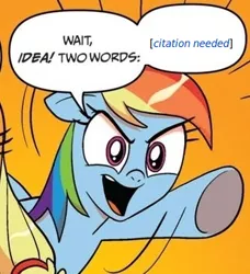 Size: 334x366 | Tagged: applejack, citation needed, comic, derpibooru import, exploitable meme, idw, meme, rainbow dash, safe, two words meme, wikipedia