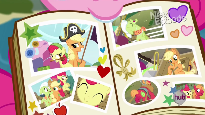 Size: 1073x600 | Tagged: safe, derpibooru import, screencap, apple bloom, applejack, big macintosh, granny smith, pinkie pie, earth pony, pony, pinkie apple pie, banjo, drool, female, hub logo, male, mare, mouth hold, musical instrument, photo, photo album, pirate, plot, scrapbook, stallion