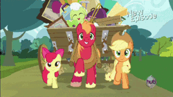 Size: 346x194 | Tagged: safe, derpibooru import, apple bloom, applejack, big macintosh, granny smith, earth pony, pony, pinkie apple pie, animated, apples to the core, dancing, hub logo, male, stallion, wagon