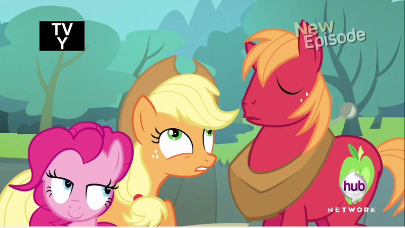 Size: 1077x606 | Tagged: safe, derpibooru import, screencap, applejack, big macintosh, pinkie pie, earth pony, pony, pinkie apple pie, hub logo, male, out of context, stallion