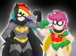 Size: 2547x1899 | Tagged: artist:blackbewhite2k7, batman, batman and robin, batmare, crossover, dc comics, derpibooru import, flexing, human, humanized, light skin, parody, rainbow dash, robin, safe, scootaloo