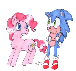 Size: 1716x1605 | Tagged: artist:hollsterweelskitty, crossover, crossover shipping, cute, derpibooru import, female, interspecies, male, pinkie pie, safe, shipping, sonicpie, sonic the hedgehog, sonic the hedgehog (series), sonipie, straight, traditional art