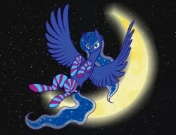 Size: 3746x2888 | Tagged: safe, artist:vasillium, derpibooru import, princess luna, clothes, moon, socks, solo, striped socks