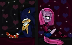 Size: 916x574 | Tagged: anthro, artist:fluttershy-fantasy, clothes, crossover, crossover shipping, cute, dark sonic, derpibooru import, female, heart, interspecies, love, male, pinkamena diane pie, pinkie pie, plantigrade anthro, sad, safe, shipping, sonicified, sonicpie, sonic the hedgehog, sonic the hedgehog (series), sonipie, straight, style emulation