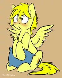 Size: 698x872 | Tagged: safe, artist:spiritcookie, derpibooru import, oc, oc:skylark, unofficial characters only, pegasus, pony, blushing, brown background, male, pillow, simple background, sitting, solo, stallion