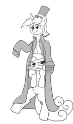 Size: 1222x2064 | Tagged: safe, artist:klondike, derpibooru import, bon bon, lyra heartstrings, sweetie drops, pony, bipedal, bon bon is not amused, clothes, coat, hat, lineart, monochrome, muppet man, the muppets, top hat