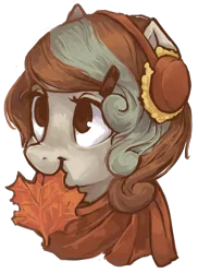 Size: 594x818 | Tagged: safe, artist:johling, derpibooru import, oc, oc:maple, unofficial characters only, earth pony, pony, :t, bust, clothes, cute, earmuffs, hairclip, leaf, mouth hold, nom, scarf, simple background, smiling, solo, transparent background