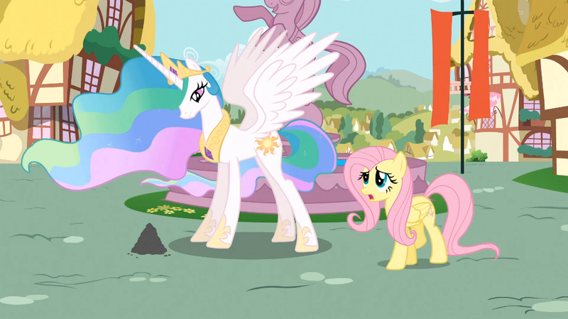 Size: 1054x592 | Tagged: safe, derpibooru import, screencap, fluttershy, philomena, princess celestia, alicorn, bird, pegasus, phoenix, pony, a bird in the hoof, ash, confused, duo, ethereal mane, female, mare, spread wings, wings, worried