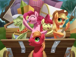 Size: 800x600 | Tagged: safe, artist:chryseum, derpibooru import, apple bloom, applejack, big macintosh, granny smith, pinkie pie, earth pony, pony, pinkie apple pie, apples to the core, banjo, female, male, musical instrument, scene interpretation, stallion, wagon