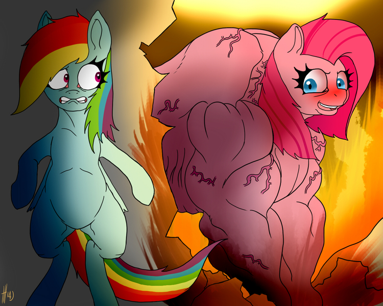 Size: 1250x1000 | Tagged: artist:sovereignbooty, grimdark, muscles, overdeveloped muscles, pinkamena diane pie, pinkamena diane pump, pinkie pie, pinkie pump, rainbow dash