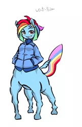 Size: 1191x1855 | Tagged: anthro centaur, artist:hige_ago, centaur, clothes, derpibooru import, jacket, japanese, pixiv, ponytaur, rainbow dash, safe, solo, taur