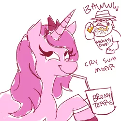 Size: 500x500 | Tagged: alicorn, alicorn oc, anthro, artist:linkmahboi, brony, brony tears, cheetos, clothes, crown, derpibooru import, derpy hooves, dialogue, drama, duo, fat, fedora shaming, female, glasses, hat, hypocrisy, juice box, mare, neckbeard, oc, pinkiepony, safe, stereotype, tiara, trilby