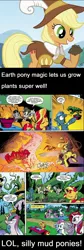 Size: 1004x2988 | Tagged: safe, derpibooru import, edit, edited screencap, idw, screencap, applejack, observer (character), smart cookie, sunset shimmer, alicorn, earth pony, pony, unicorn, spoiler:comic, caption, comic, earth pony magic, female, image macro, male, mare, meta, mud pony, parody, racism, stallion, text