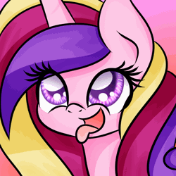 Size: 600x600 | Tagged: safe, artist:tru, derpibooru import, princess cadance, pony, animated, blinking, bust, cute, cutedance, eyelashes, female, gradient background, looking up, mare, open mouth, pink background, simple background, smiling, solo, tongue out
