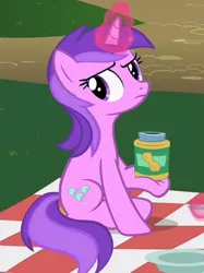 Size: 311x415 | Tagged: safe, derpibooru import, screencap, amethyst star, pony, unicorn, the mysterious mare do well, amethyst star is not amused, background pony, dexterous hooves, female, glowing horn, holding, horn, jar, magic, mare, peanut butter, solo, that pony sure loves peanut butter