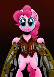 Size: 700x990 | Tagged: safe, artist:darkhestur, derpibooru import, pinkie pie, earth pony, pony, bipedal, female, machete, mare, parody, solo