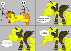 Size: 1057x755 | Tagged: semi-grimdark, artist:digipolarmon99, derpibooru import, oc, unofficial characters only, alicorn, earth pony, pony, pony creator, alicorn oc, anonymous, armor, blood, comic, donut steel, female, golden heart, greenrob, guy fawkes mask, hat, male, mare, recolor, speech bubble, stallion, stick figure, text, vomiting, wat