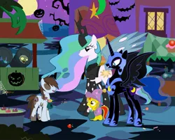 Size: 2121x1703 | Tagged: artist:artknorke, dead source, derpibooru import, fanfic art, female, male, nicemare moon, nightmare luna, nightmare moon, oc, older, pipsqueak, plants vs zombies, princess celestia, princess luna, safe, straight, zombie