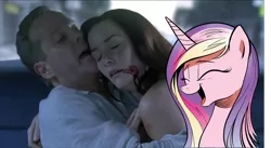 Size: 1000x548 | Tagged: semi-grimdark, derpibooru import, princess cadance, alicorn, human, pony, 24, blood, cadance laughs at your misery, death, exploitable meme, eyes closed, jack bauer, meme, obligatory pony, open mouth, renee walker, smiling