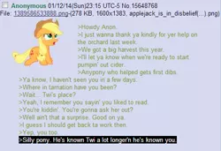 Size: 470x321 | Tagged: safe, derpibooru import, applejack, pony, /mlp/, 4chan, anon in equestria, feels, greentext, rejection, rejection is magic, sad, silly, silly pony, text