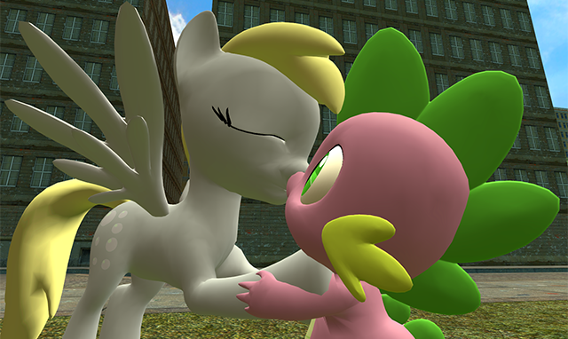 Size: 640x382 | Tagged: safe, derpibooru import, derpy hooves, spike, pegasus, pony, 3d, cute, derpyspike, female, gmod, kissing, male, mare, shipping, straight