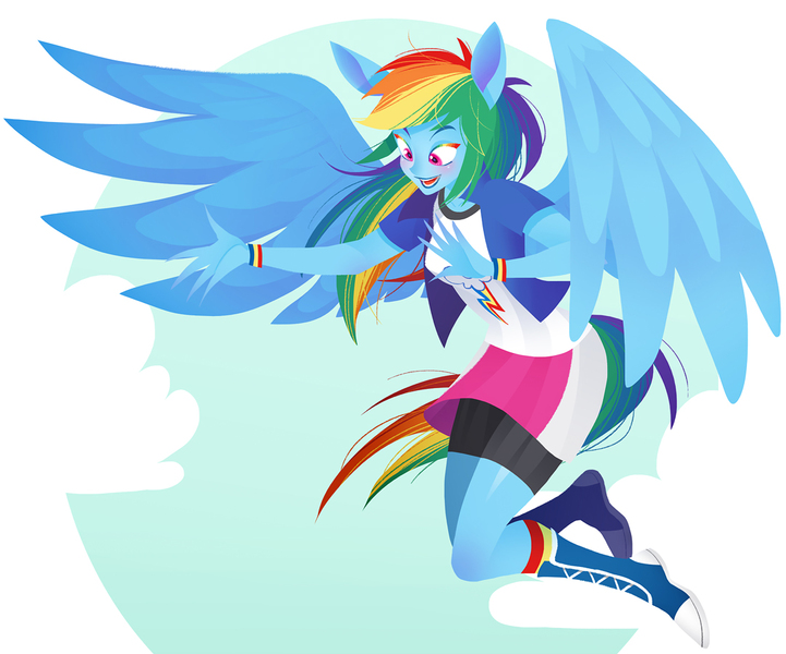 Size: 1082x900 | Tagged: safe, artist:qpqp, derpibooru import, rainbow dash, equestria girls, eared humanization, flying, humanized, pixiv, ponied up, pony coloring, solo, tailed humanization, winged humanization