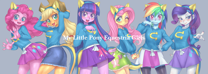 Size: 1805x640 | Tagged: safe, artist:hoihoi, derpibooru import, applejack, fluttershy, pinkie pie, rainbow dash, rarity, twilight sparkle, equestria girls, bedroom eyes, blushing, clothes, cowboy hat, denim skirt, eyeshadow, female, hat, humane five, humane six, looking at you, makeup, mane six, nail polish, open mouth, pixiv, skirt, smiling, stetson, stockings, sweater, sweatershy, wondercolts, wondercolts uniform