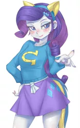 Size: 499x800 | Tagged: dead source, safe, artist:hoihoi, derpibooru import, rarity, equestria girls, blushing, clothes, female, hand on hip, looking at you, nail polish, pixiv, simple background, skirt, smiling, solo, sweater, white background, wondercolts