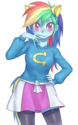 Size: 499x800 | Tagged: safe, artist:hoihoi, derpibooru import, rainbow dash, human, equestria girls, blushing, clothes, female, hand on hip, lipstick, looking at you, pixiv, pony ears, skirt, smiling, solo, stockings, sweater, thigh highs, wondercolts, zettai ryouiki